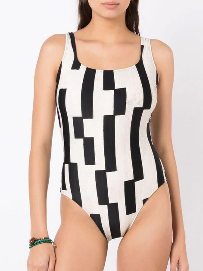 Black & White Offset Stripes Print One Shoulder One Piece Swimsuit And Cover Up