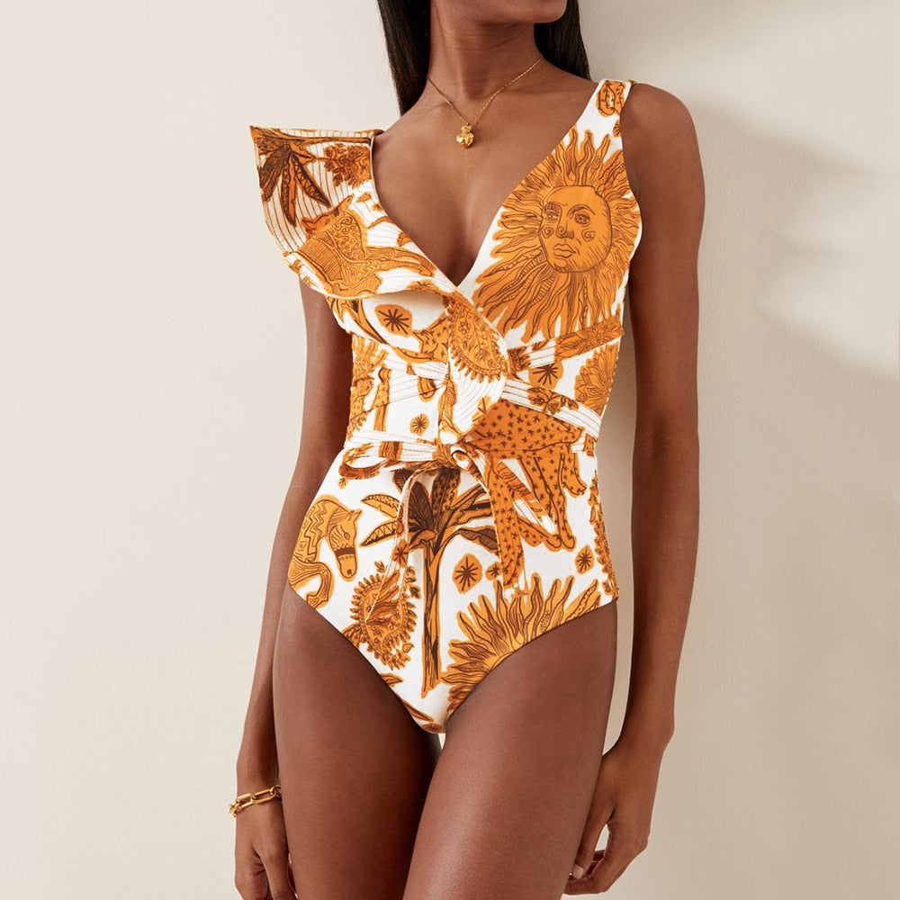 Ruffle V-Neck Belt Backless One Piece Swimwear