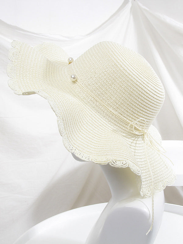 Wavy Edge Straw Woven Breathable Beaded Decorated Hat