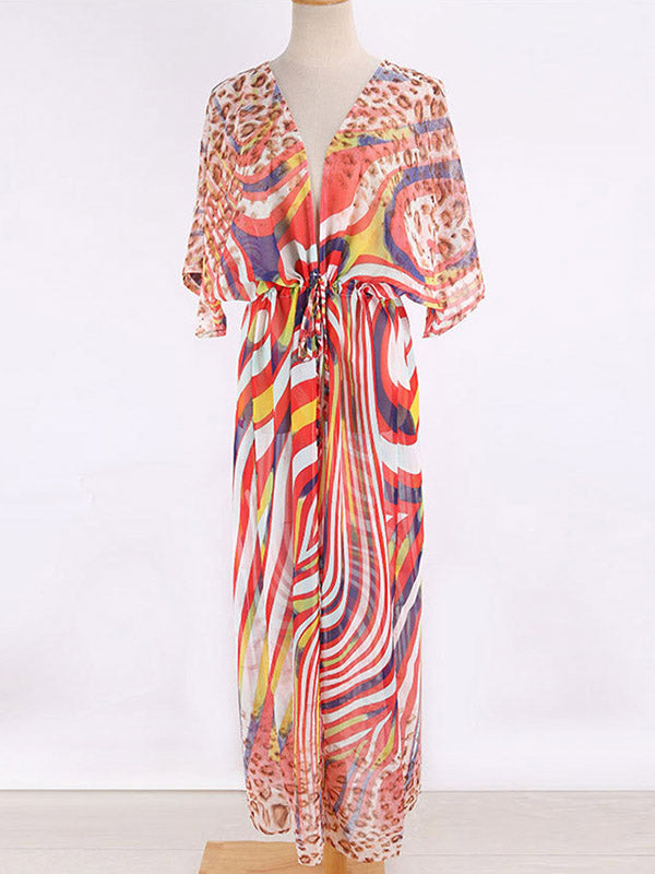 Chiffon Short Sleeve V-Neck Drawstring Cover-Up Swimwear