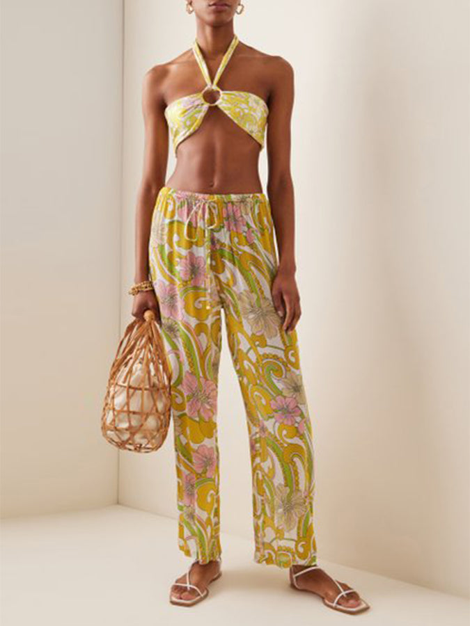 Yellow Printed Split Swimsuit