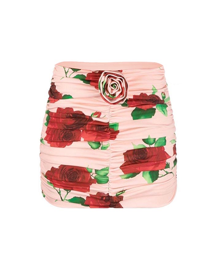 3D Flower Cut Out Printed Halter One Piece Swimsuit and Skirt