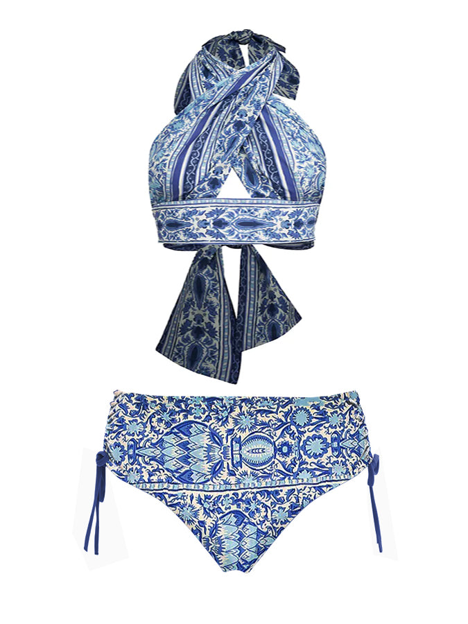 Blue Halter Print Bikini Swimsuit