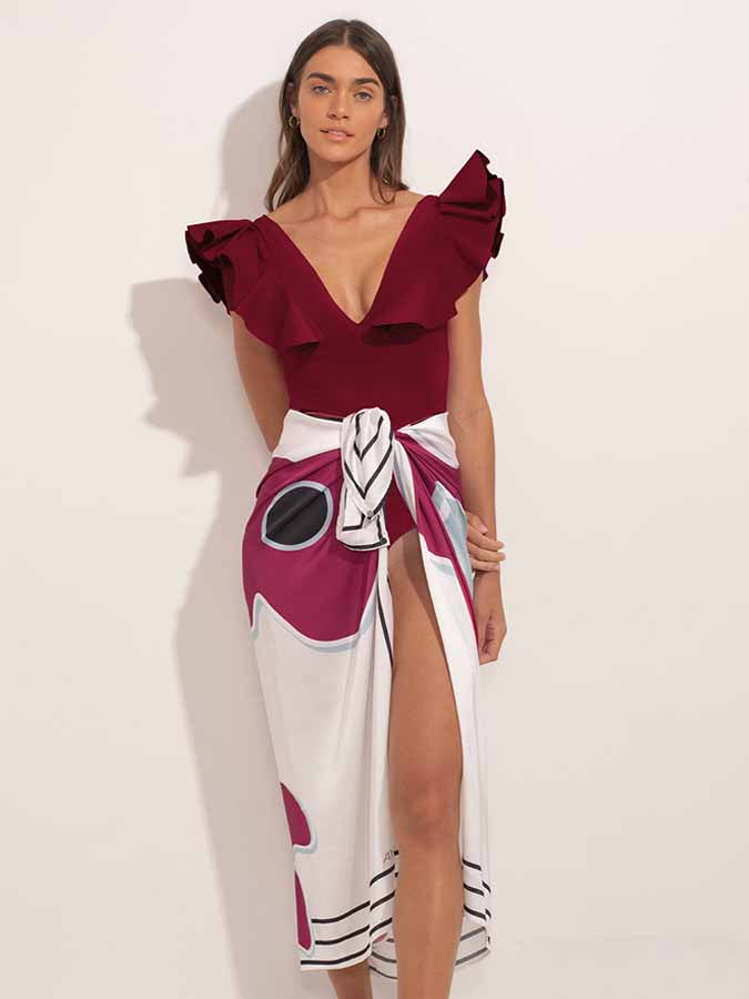 V-Neck Solid Ruffle One-Piece Swimsuit and Cover-Up