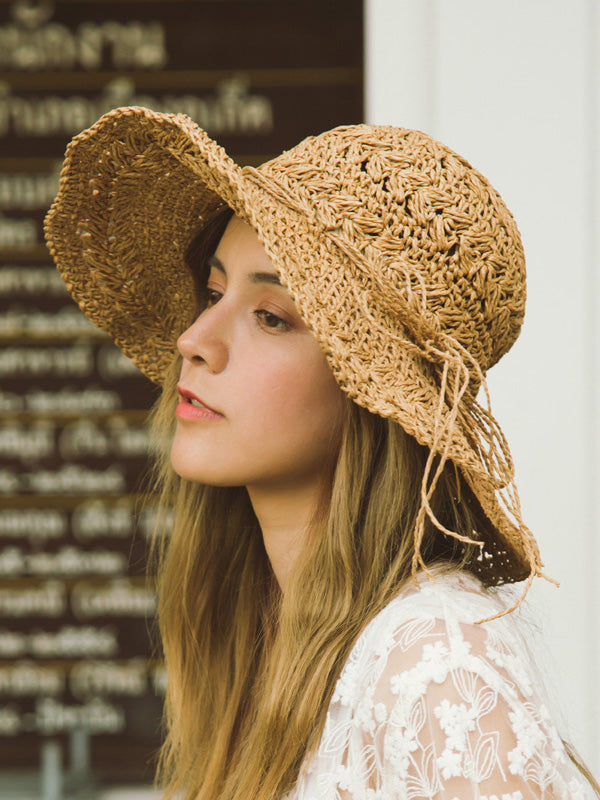 Sunscreen Solid Color Straw Woven Hollow Breathable Foldable Hat