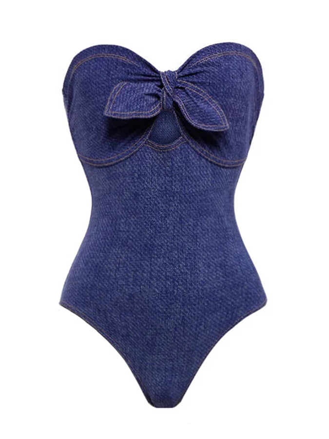 Denim Print One Piece Swimsuit and Skirt