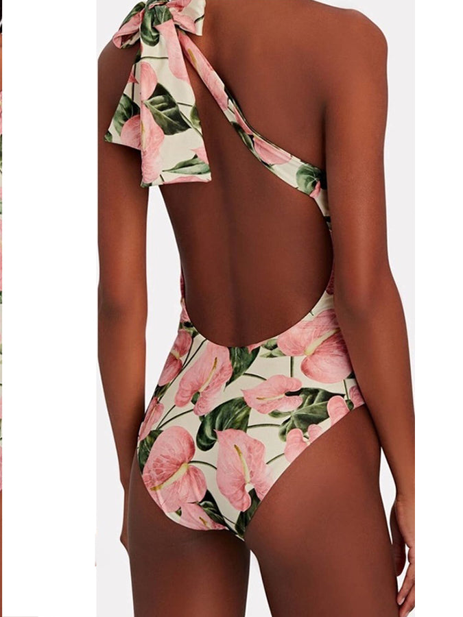 Printed One-Shoulder Tie One Pieces Swimsuits & Coverups