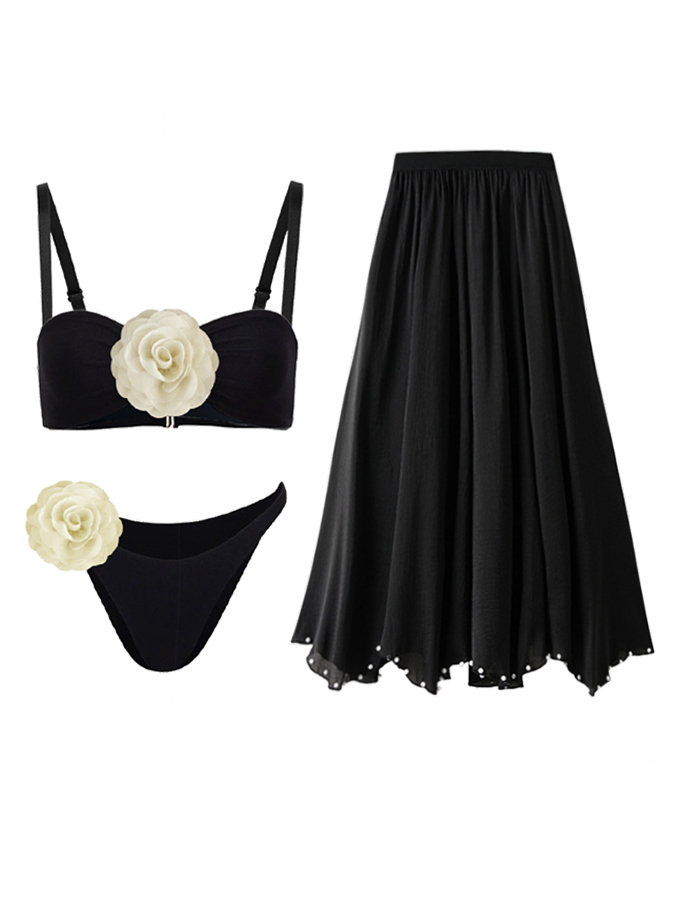 Sexy 3D Flowers Solid Color Bikini Swimsuit and Skirt