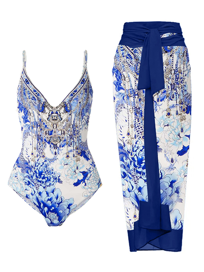 Vintage Floral Print One-Piece Swimsuit and Cover-up