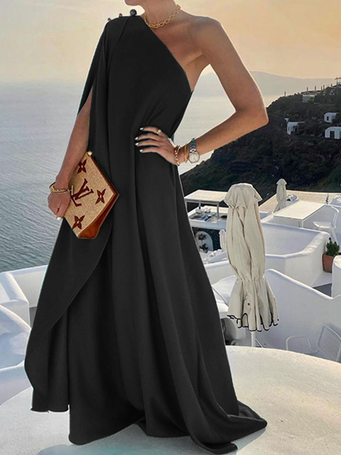 Stylish and Elegant Solid Color Loose One-shouldered Maxi Dress