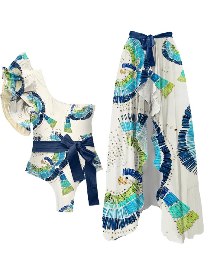 Ruffled Vintage Colorblock Bird Print One-Piece Swimsuit and Cover-up