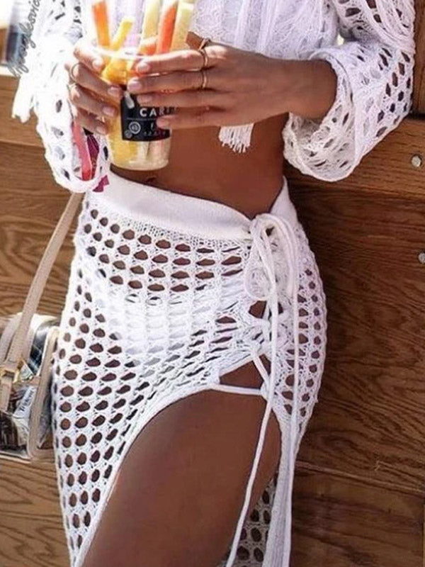 Knitted Hollow See-Through Split-Side Tasseled Cover-Up Swimwear