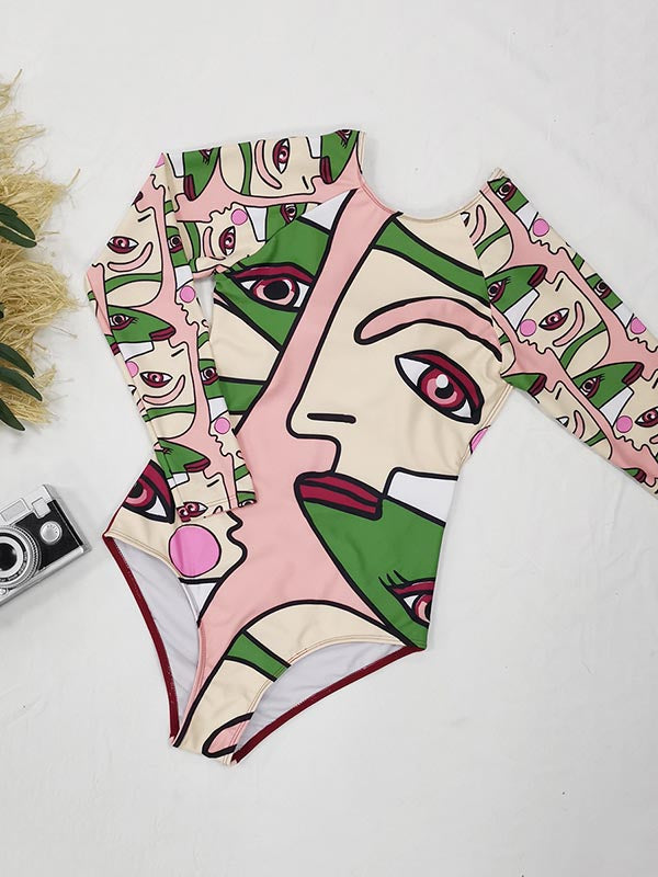 Abstract Print Long Sleeve Backless Wetsuit