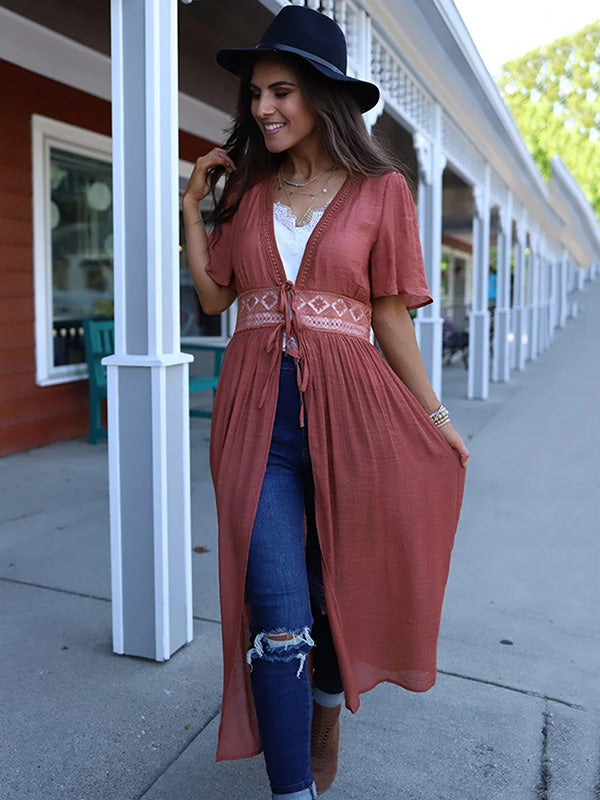 Deep V-Neck Solid Color Empire Bandage Lace-Up Cover-Up Swimwear