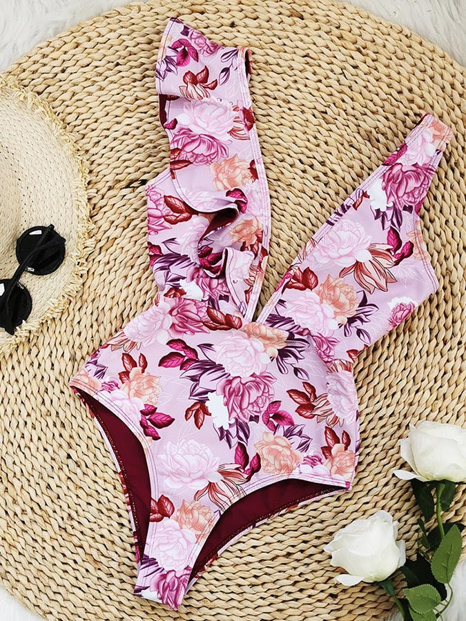 Printed One-Shoulder Ruffle Fashion One-Piece Swimsuit