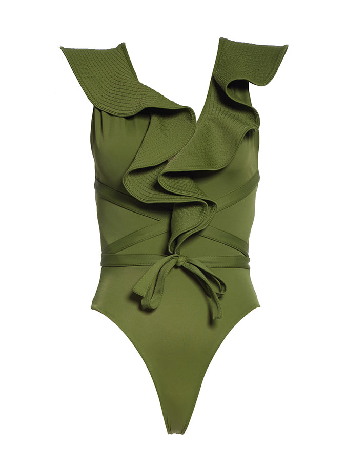 Deep V Ruffled Solid Color One Piece Swimsuit