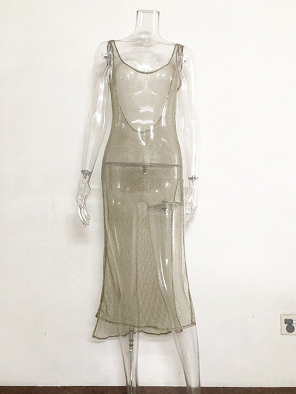 Spaghetti-Neck See-Through Split-Side Solid Color Sexy Beach Cover-Up 