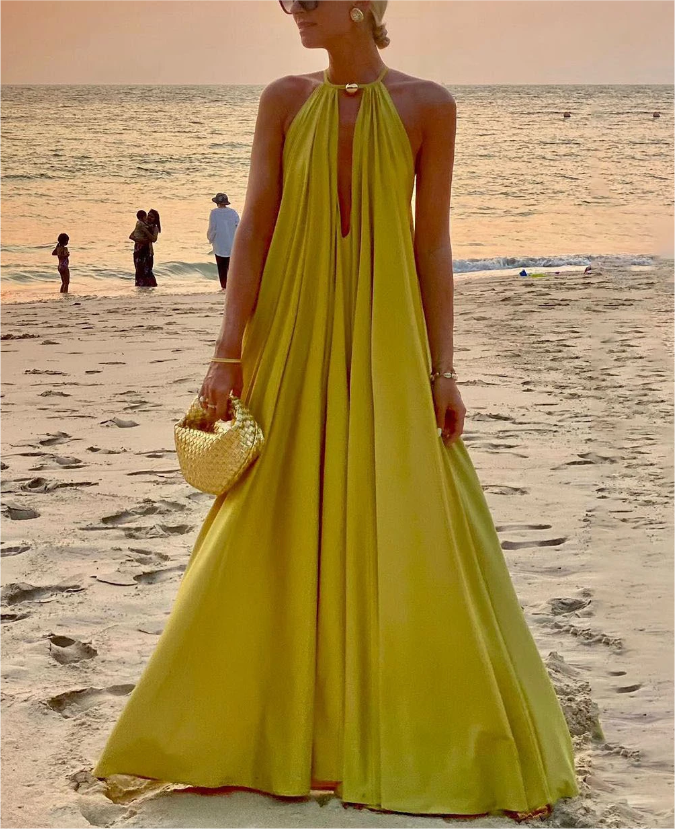 Solid Color Halterneck Long Dress