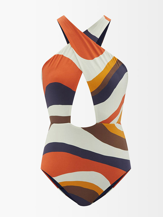 Fashion Colorblock Print One Piece Swimsuit and Cover Up