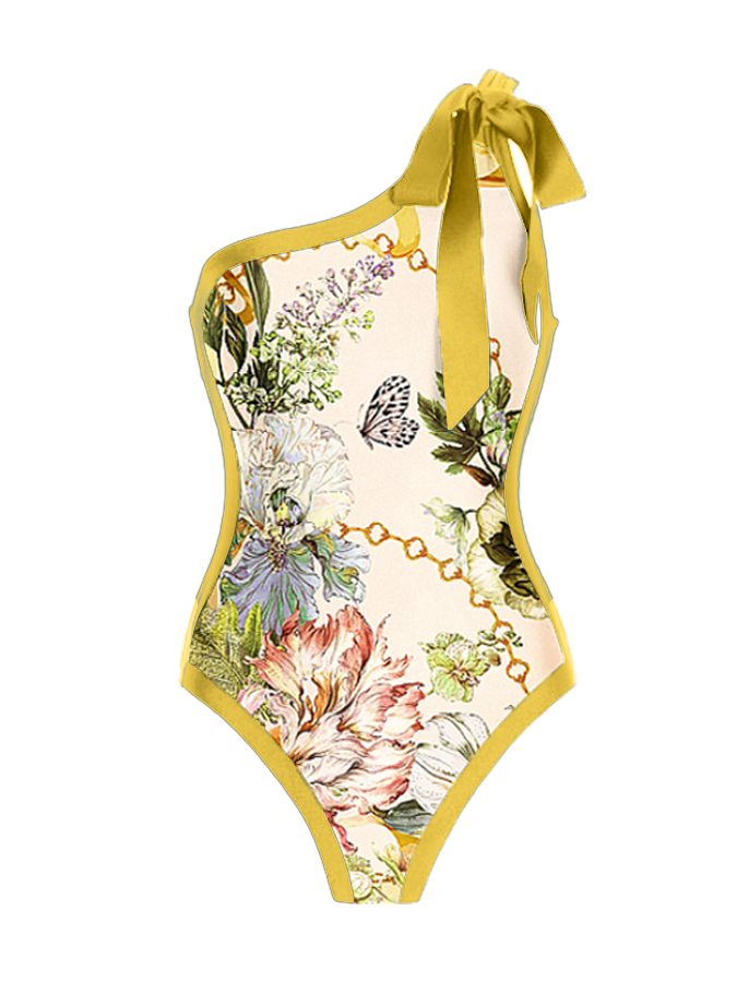 One Shoulder Floral Print One Piece Swimsuit and Skirt