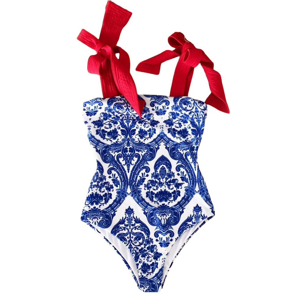 Tie-detailed Delft Blue One Piece Swimsuit