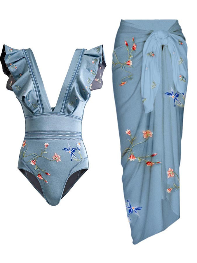 Solid Color Petal Hollow Fashion One Piece Swimsuit