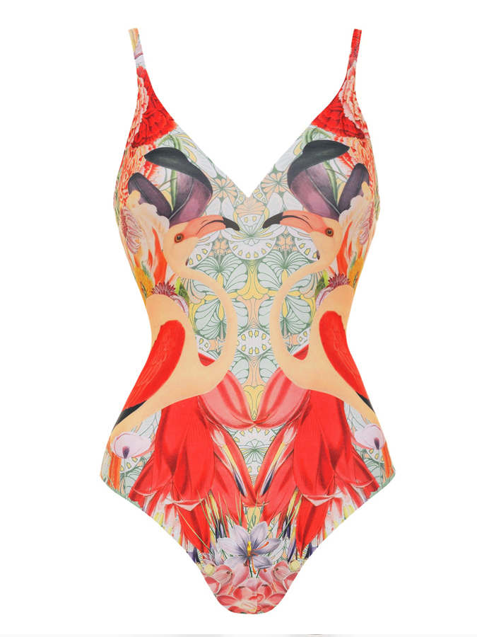 Flamingo Print One Piece Swimsuit and Skirt