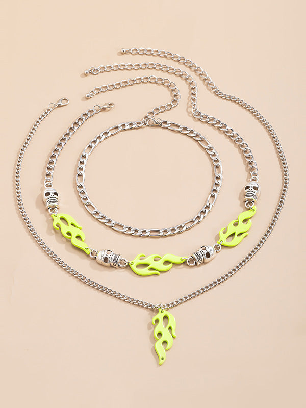 Fluorescent Flame Skull Geometric Multilayer Necklace