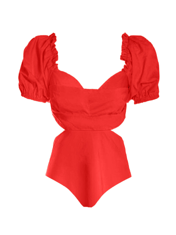 Beach Solid Puff Sleeve One-Piece Swimsuit and Skirt