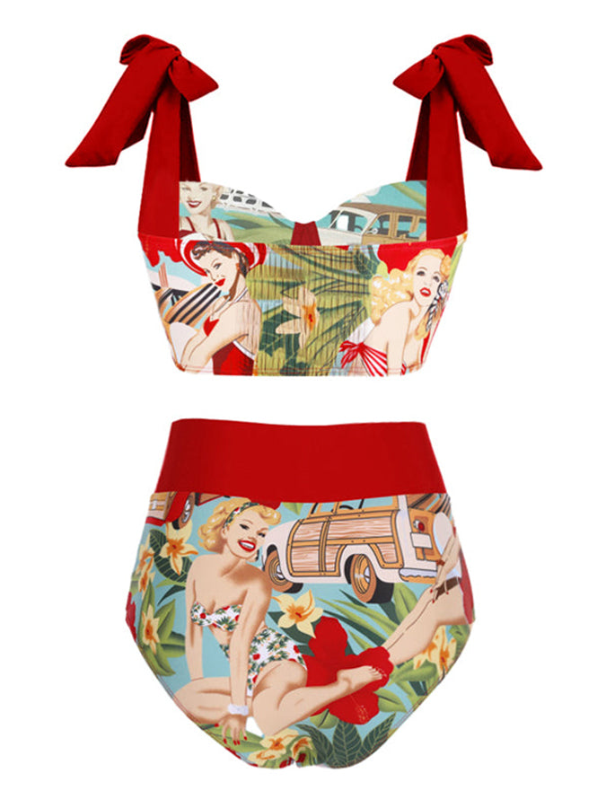 Fashion Colorblock Print One Piece Swimsuit and Cover Up