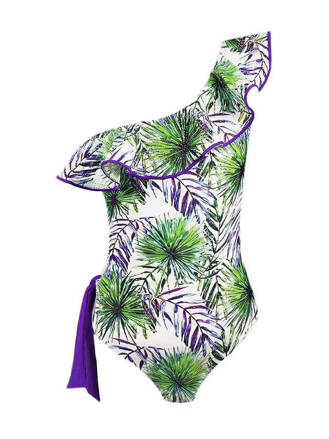 One-shoulder Ruffled Colorblock Printed Swimsuit and Cover-up
