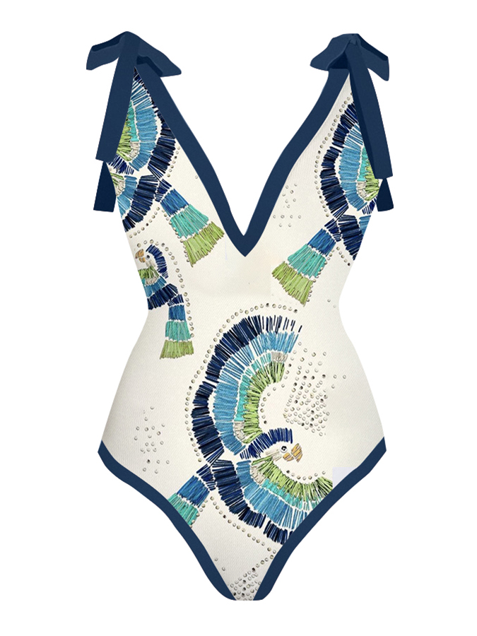 Deep V Print One Piece Swimsuit Set