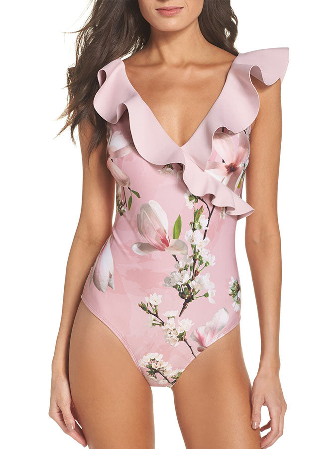 V-Neck Ruffled Floral Print One Piece Swimsuit and Cover Up
