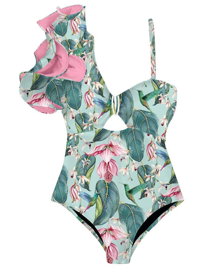 Fashion Print Ruffle One-Piece Swimsuit Set
