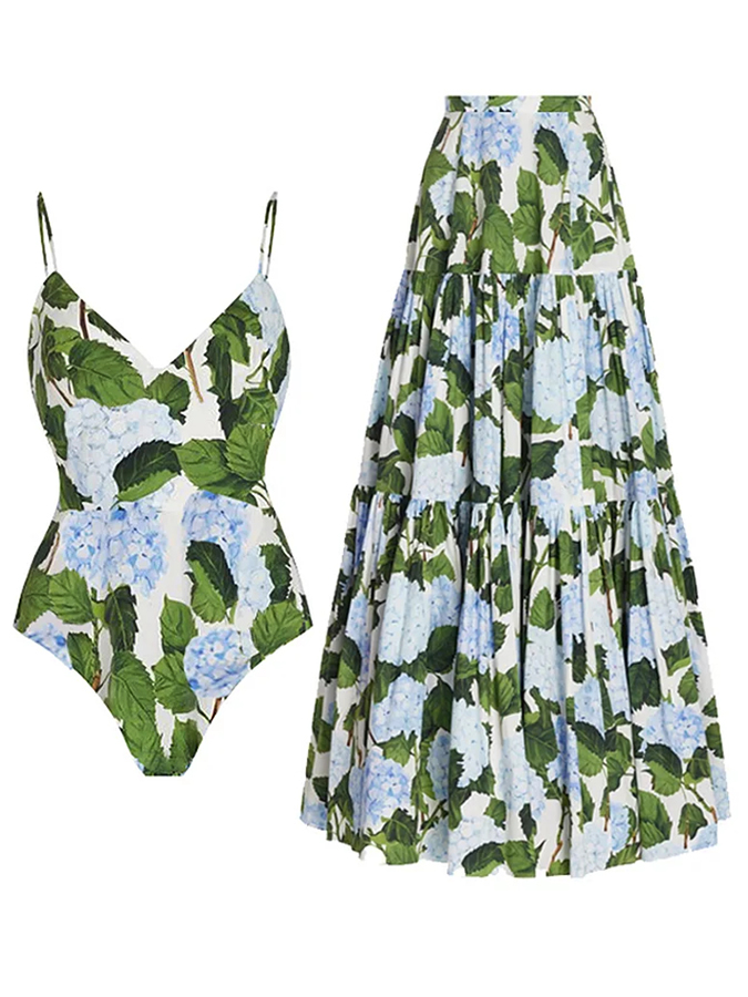 Floral Print One Piece Swimsuit and Skirt