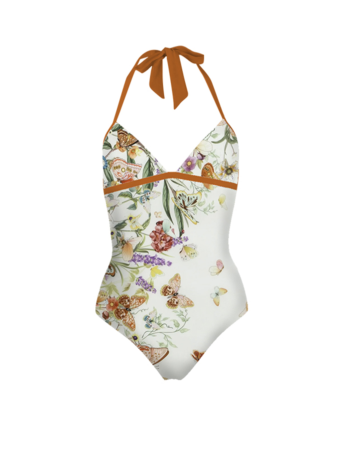 Butterfly Floral Print One-Piece Swimsuit And Cover Up
