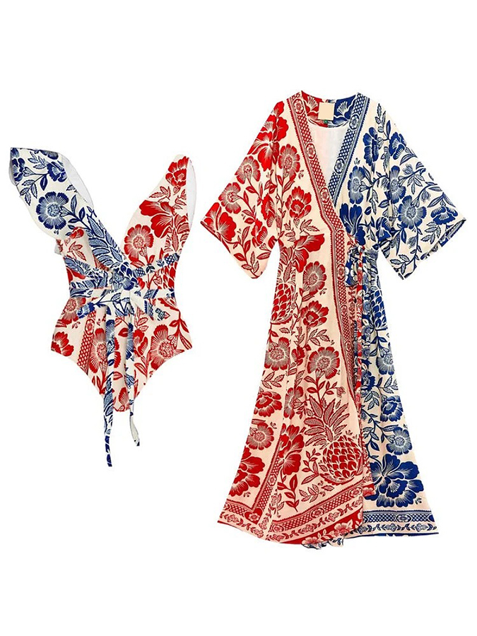 Ruffled Colorblock Print Swimsuit Set