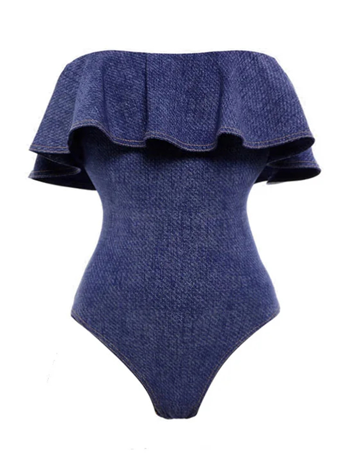 Denim Print One Piece Swimsuit and Skirt