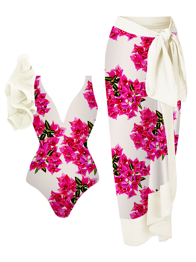 Bougainvillea print one-piece swimsuit and cover-up