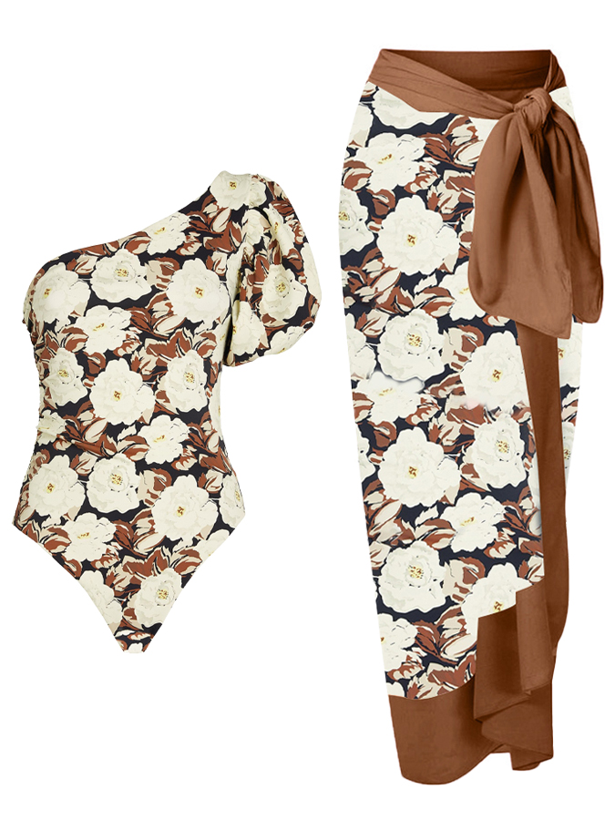 One-Shoulder Puff Sleeve Floral Print One-Piece Swimsuit and Cover-up