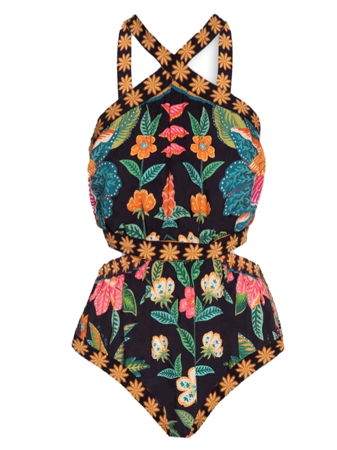 Vintage Colorblock Floral Print Swimsuit and Skirt