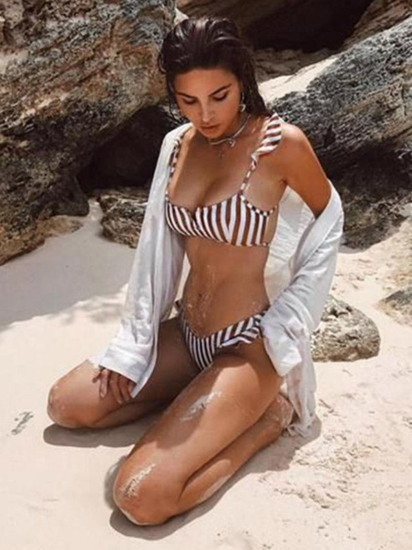 Simple Solid Color Button Long Sleeve Shirt-Style Cover-Up Swimwear