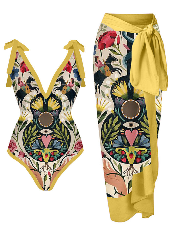 Printed One Piece Tie Swimsuit