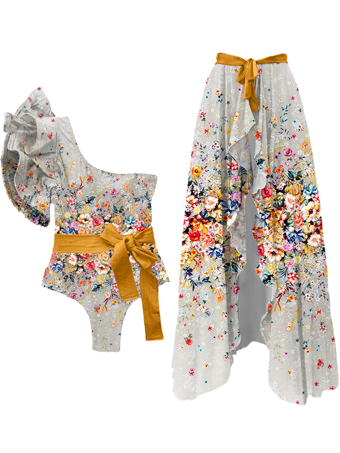 Ruffled Floral Print Colorblock One-Piece Swimsuit and Cover-up