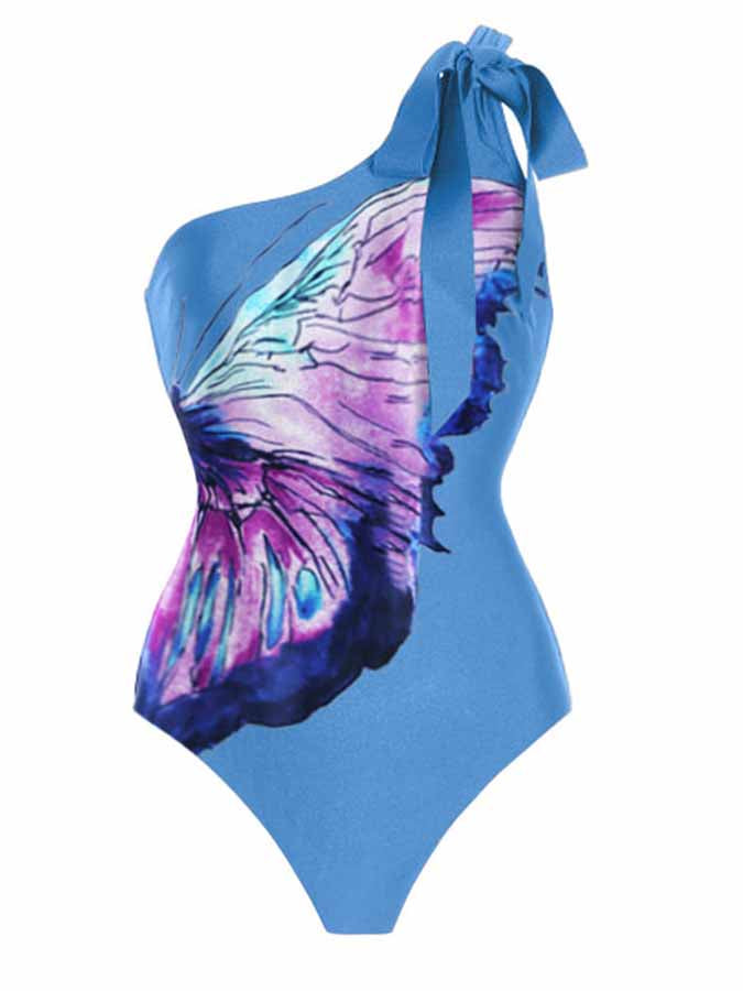 One-Shoulder Butterfly Print One-Piece Swimsuit and Cover-Up