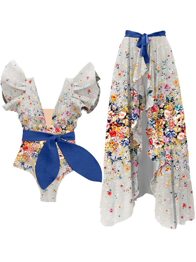 Ruffled Floral Print Colorblock One-Piece Swimsuit and Cover-up