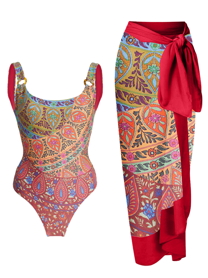 Vintage Print Beach Swimsuit and Cover-up