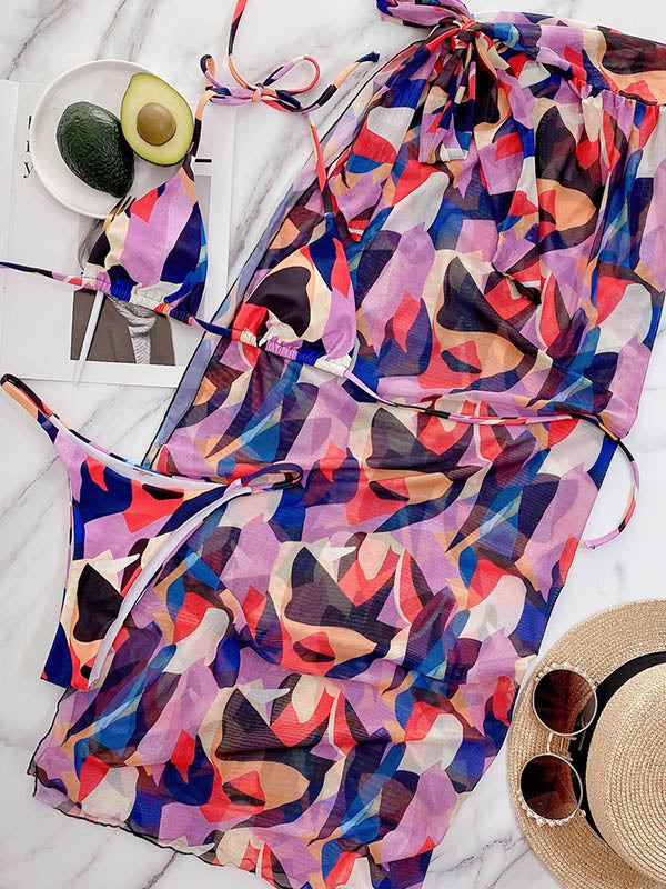 Halterneck Triangles Split Bikini  Three-Piece Set