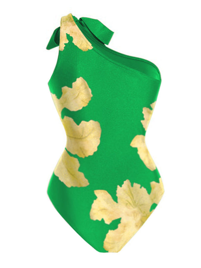 One Shoulder Floral Print One Piece Swimsuit and Cover Up