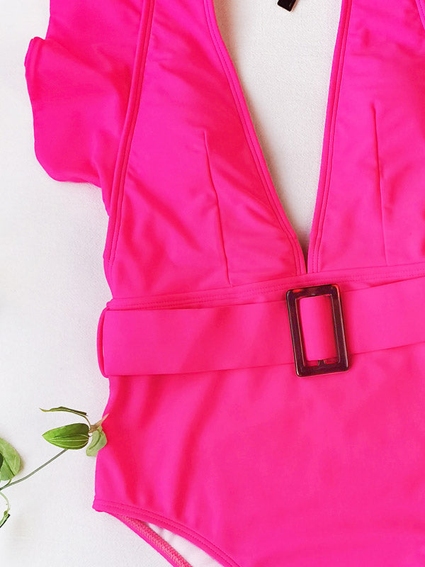 Solid Color Deep V-Neck Falbala Sexy Swimwear